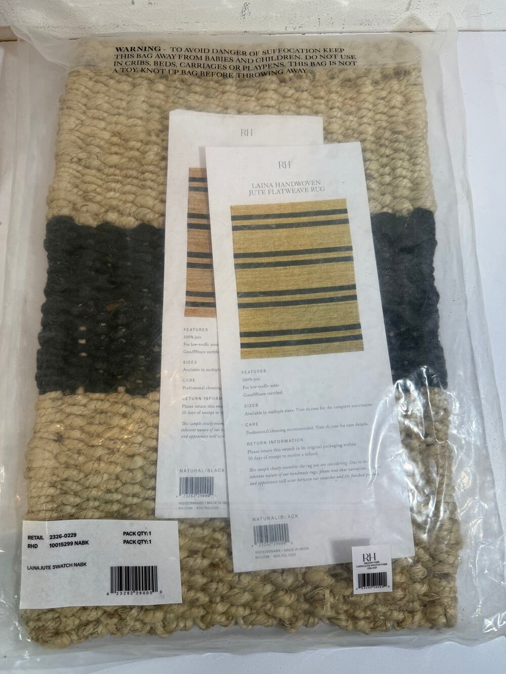 RH restoration hardware Laina handwoven jute flatweave rug swatch 11" x 17"